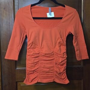 NWT Last Tango Brilliant Orange Scoop Neck Ruched 3/4 Sleeve Top Sz S/M